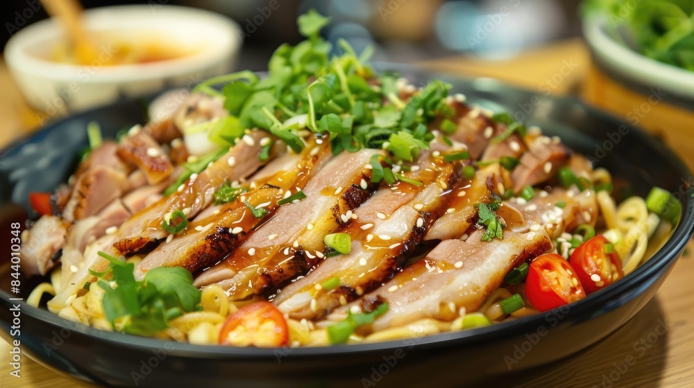 Grilled red pork with sauce served with whole wheat noodles