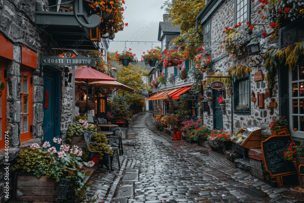 Fototapeta premium Cobblestone Alley With Quaint Cafes in a European Town