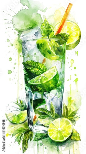 Painting of a mojita with lime and mint leaves photo