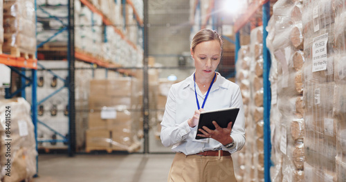Storage, warehouse and check with tablet and business woman with quality assurance and inventory checklist. Distribution, freight supplier and order document with planning and export inspection photo
