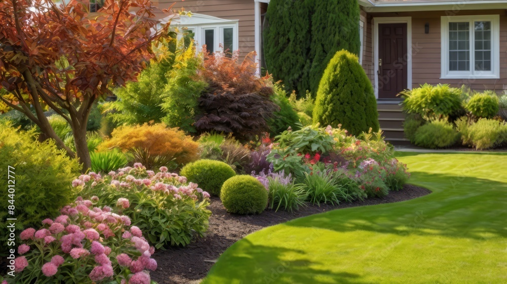 Fototapeta premium Tropical Gardens A Mix of Well-Manicured Shrubs and Grasses in Florida