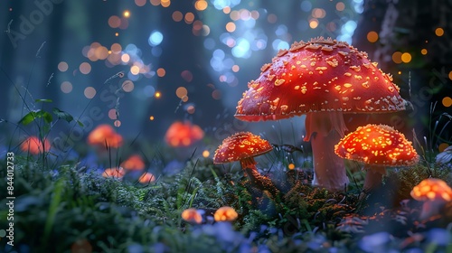 Glowing mushrooms in a dark forest. The red caps of the mushrooms are lit up from below, creating a magical atmosphere.