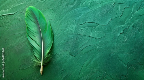 Green feather on a green textured background. The feather is soft and fluffy, and the background is rough and uneven. photo