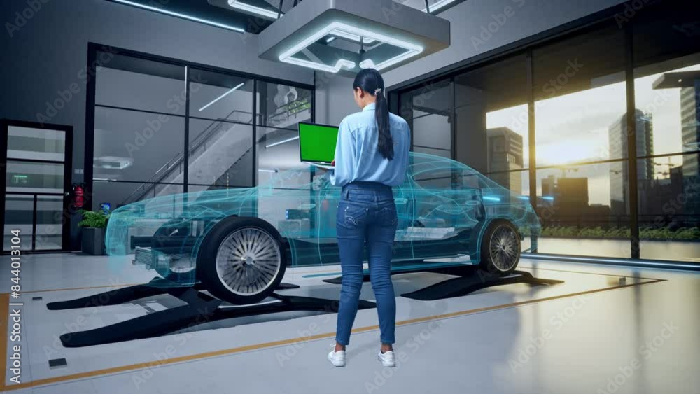 Full Body Back View Of An Asian Female Professional Worker Standing With Concept of Electric Vehicle, High-tech Industrial Facility, Typing On Laptop'S Keyboard With Green Screen Full Body Back View Of An Asian Female Professional Worker Standing With Concept of Electric Vehicle, High-tech Industrial Facility, Typing On Laptop'S Keyboard With Green Screen