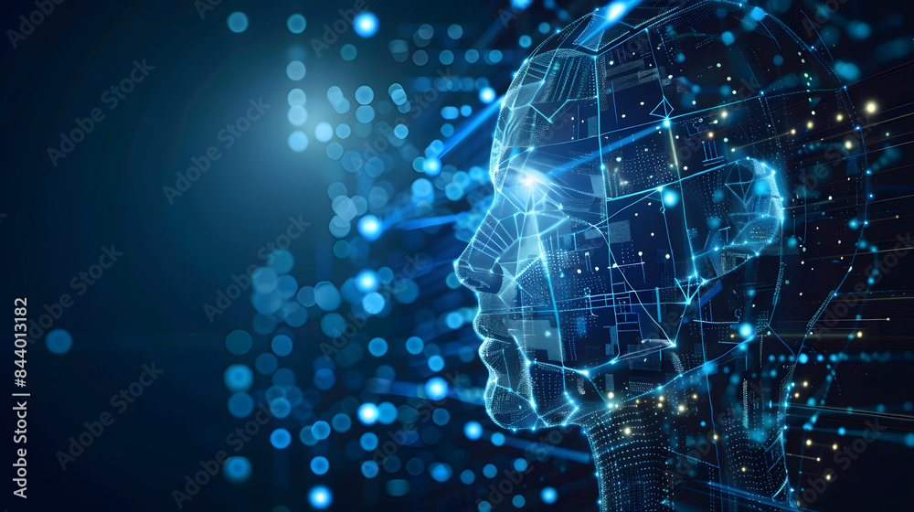 Artificial Intelligence and deep learning concept with digital human head silhouette on blue background, AI technology futuristic illustration. Artificial Intelligence and deep learning concept with digital human head silhouette on blue background, AI technology futuristic illustration.