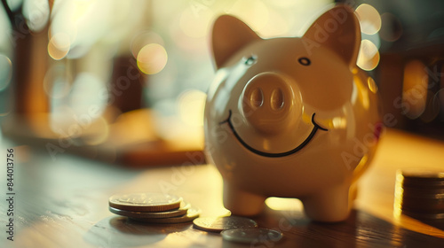 Piggy bank, little pink pig on the table, money, coins photo