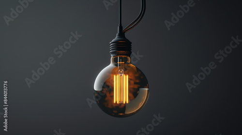 Glowing light bulb hanging from a black cord against a dark background. photo