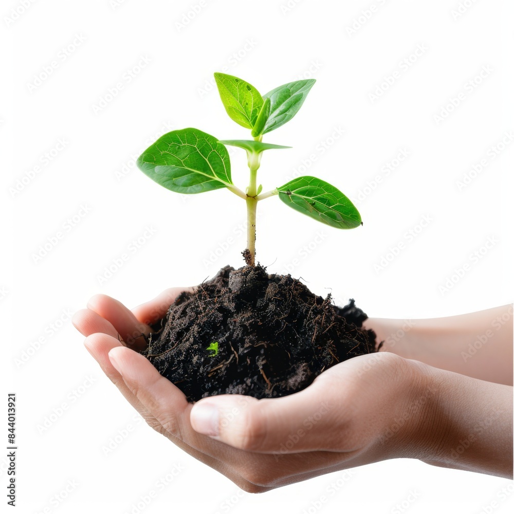 Plant in hands isolated, young sprout, new plant growing in soil, organic farming, environment care, earth day Plant in hands isolated, young sprout, new plant growing in soil, organic farming, environment care, earth day