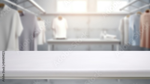 A white table with a white clean tablecloth in a laundry room with table cloth and blurring background. Interior mockup with copy space for design and advertisement. Equipment. Copy space. AIG35.