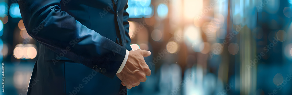 Businessmen holding hands with another man in a suit, blurred background of an office building and blue lights, closeup on hands. Businessmen holding hands with another man in a suit, blurred background of an office building and blue lights, closeup on hands.