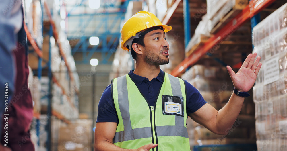 Man, logistics and inspection of warehouse distribution safety, quality control and manufacturing development. Male person, speaking and engineer at shipping site, inventory freight and cargo process