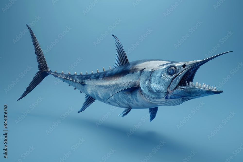 Fototapeta premium A Blue Marlin Leaps Through the Water Against a Blue Background