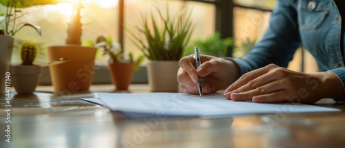 Close-up of a person writing on paper at a desk with potted plants. Sunlight streaming through the window creates a serene working environment.