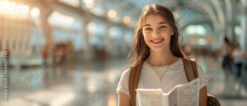 Smiling young woman in a light-filled airport terminal, holding a travel map and looking ready for an adventure with her backpack. photo