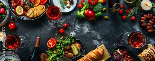 Overhead view of a variety of mediterranean foods being shared on a dark table, with wine and bread