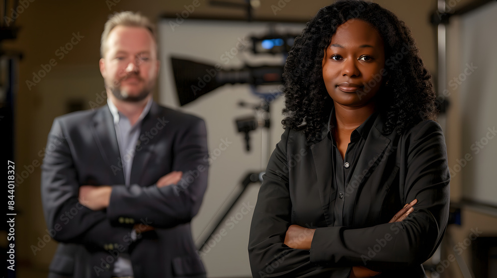 A professional photo shows an African American woman and a white man standing in front of the camera A professional photo shows an African American woman and a white man standing in front of the camera