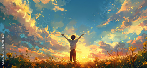 person kneeling and raising hands, Open arms, for pray to God on meadow sunset background