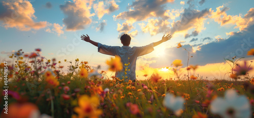 person kneeling and raising hands, Open arms, for pray to God on meadow sunset background