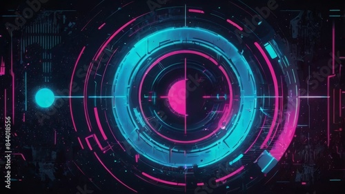 A dark, retro-futuristic cyberpunk abstraction background combines elements of cosmos, synthwave, vaporwave, retrowave, and glitch art. Circles with blue and pink glows accentuate the composition