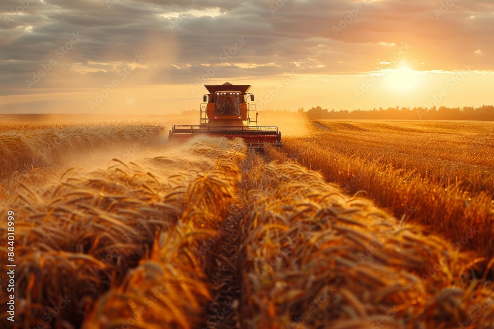 Fototapeta premium Automated Grain Harvesting at Sunset