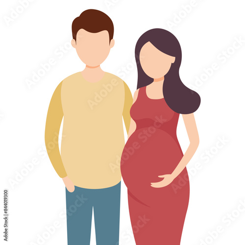 A man and a pregnant woman stand happily together, sharing a moment
