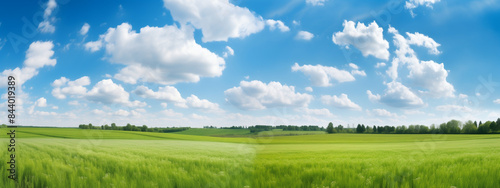 Nature landscape with green meadows, blue sky with clouds and mountains in the background. classic green landscape, Generative AI