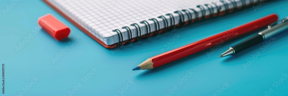Workplace Setup with Red Pencil, Eraser, and Notepad Workplace Setup with Red Pencil, Eraser, and Notepad