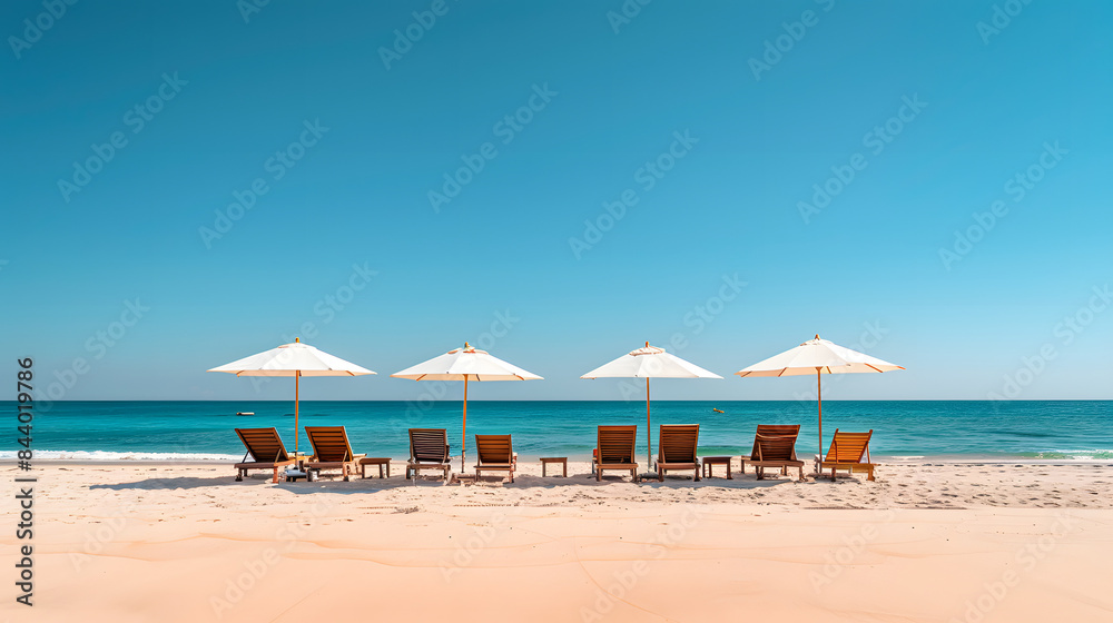 Fototapeta premium Idyllic beach scene with lounge chairs and umbrellas facing turquoise ocean and clear blue sky, perfect for summer vacation and relaxation