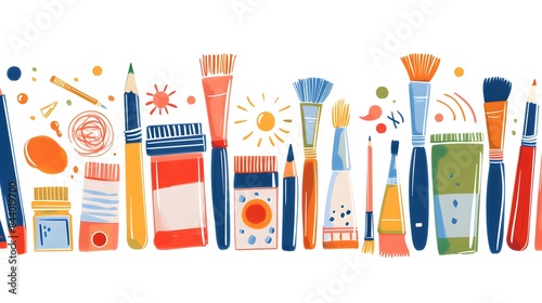 Art tools and supplies, creeative stationery border design. Paints, pencils, oil tubes, drawing and painting accessories on long web banner. Flat vector illustration isolated on white background photo