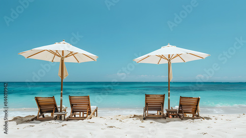 Serene Beach Scene with Wooden Sun Loungers and Umbrellas on Sandy Shore Overlooking Clear Blue Ocean Water