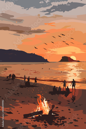 Beautiful summer sunset on a sandy beach with a bonfire, cliffside views, people, and birds flying over the ocean waves