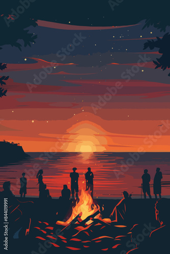 Scenic Beach Bonfire with People Admiring Sunset Over Ocean Waves Under Starry Sky, Silhouetted Cliff, and Vibrant Colors