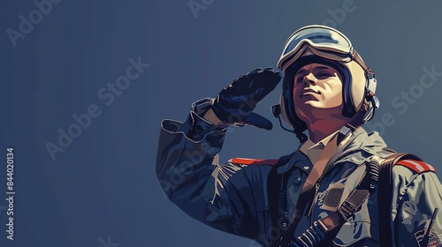 A pilot in a flight suit and helmet salutes against a blue background. photo