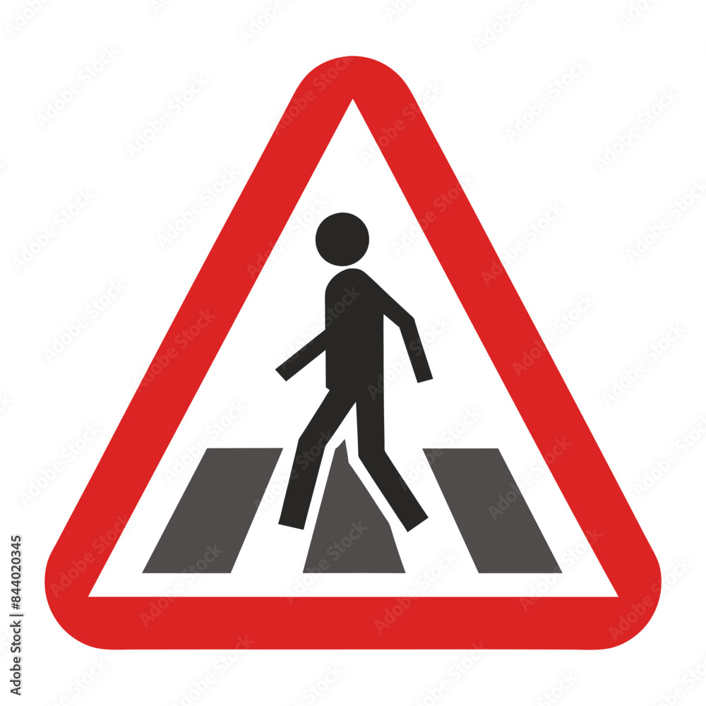 Pedestrian crossing sign with man walking on crosswalk shaped like a triangle
