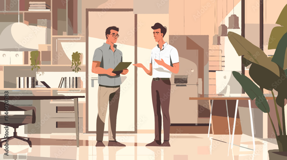 Two men discussing house plans in a modern home office surrounded by interior decor and architectural elements, emphasizing new home buying and building. Two men discussing house plans in a modern home office surrounded by interior decor and architectural elements, emphasizing new home buying and building.