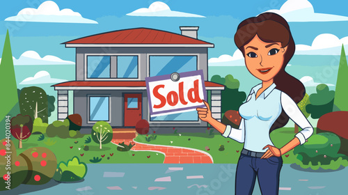 Real estate agent holding sold sign in front of newly built modern house in suburban neighborhood