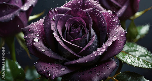 Fototapeta Naklejka Na Ścianę i Meble -  Black and purple rose flower with water drops, Generative AI