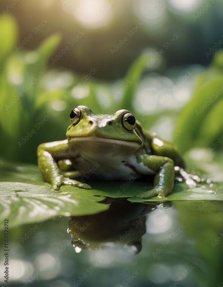 close-up image of an amphibious, olive-colored frog springing off a broad, green leaf 
