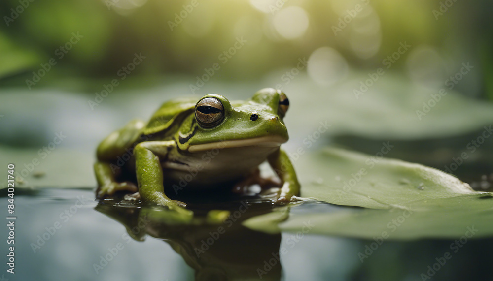 close-up image of an amphibious, olive-colored frog springing off a broad, green leaf
close-up image of an amphibious, olive-colored frog springing off a broad, green leaf