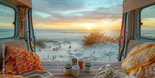 A caravan parked on the beach as the sun goes down Generative AI
