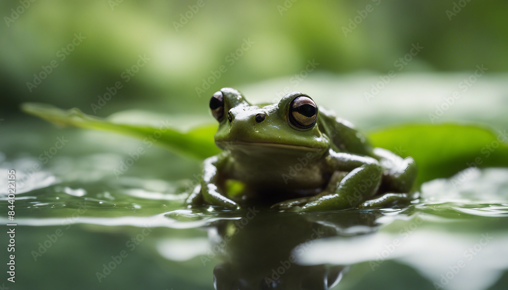 Obraz premium close-up image of an amphibious, olive-colored frog springing off a broad, green leaf 