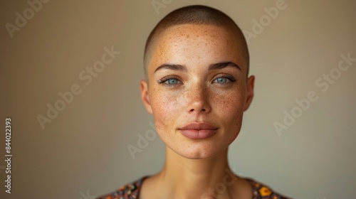 Warm portrait of a smiling woman with freckles against a multicolored background