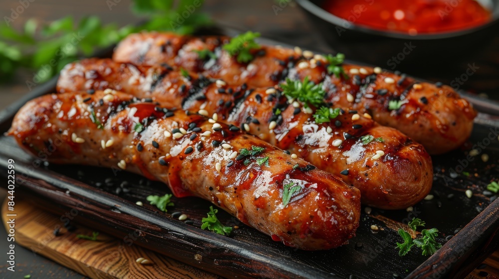 Succulent grilled sausages with seasoning and parsley flakes on a dark serving tray, perfect for a barbecue