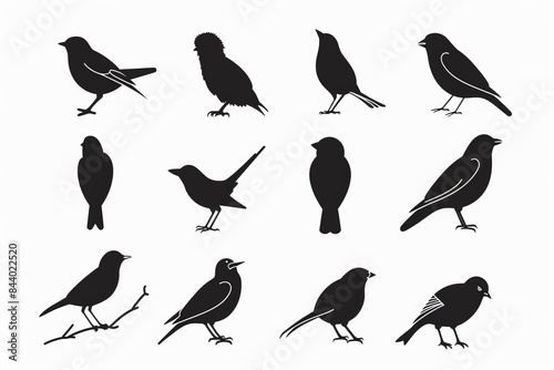 Bird icon set, black and white sparrow symbols, bird sign collection, wild animal pictograms on white