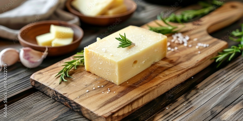 A piece of cheese is placed on a rectangular wooden cutting board, ready to be used as an ingredient in a delicious dish A piece of cheese is placed on a rectangular wooden cutting board, ready to be used as an ingredient in a delicious dish
