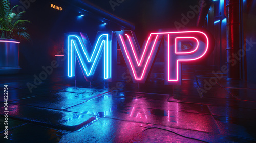 A vibrant neon sign spelling MVP stands tall against a dark city backdrop, its bright lights reflecting on a wet pavement