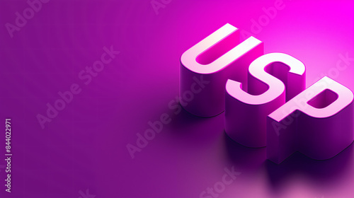 A close-up shot of the acronym USP rendered in 3D, with a vibrant purple gradient background