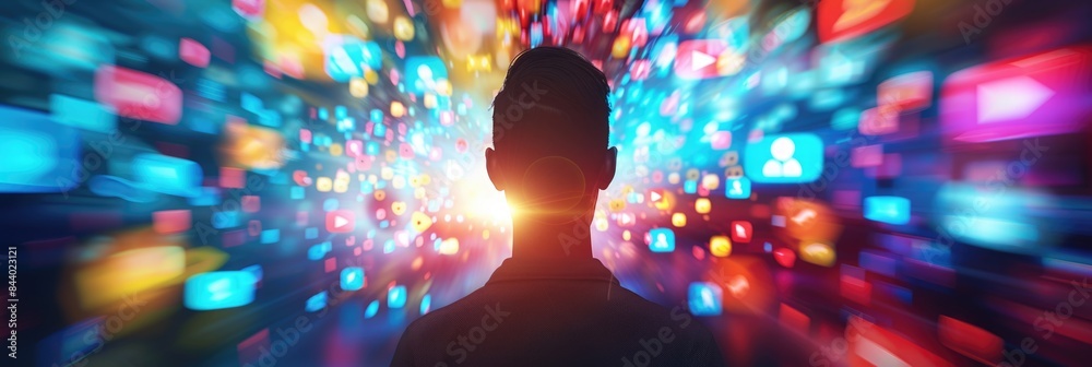Fototapeta premium Man Facing a Blazing Digital Display of Social Media Icons