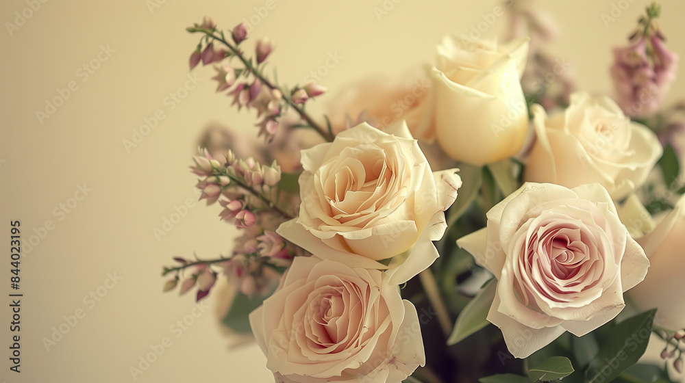 Obraz premium beautiful bouquet of cream roses and pink aquilegias sits in a vase on top of an empty table
