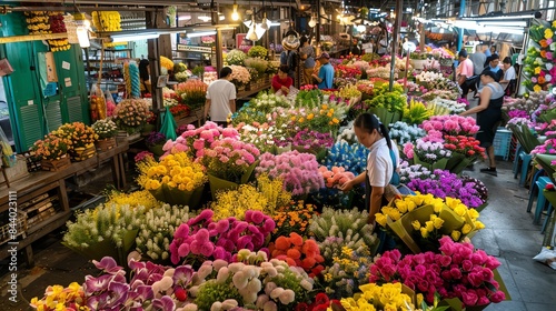 A bustling flower market with a variety of colorful flowers. There are many people buying and selling flowers. The market is full of life and color.